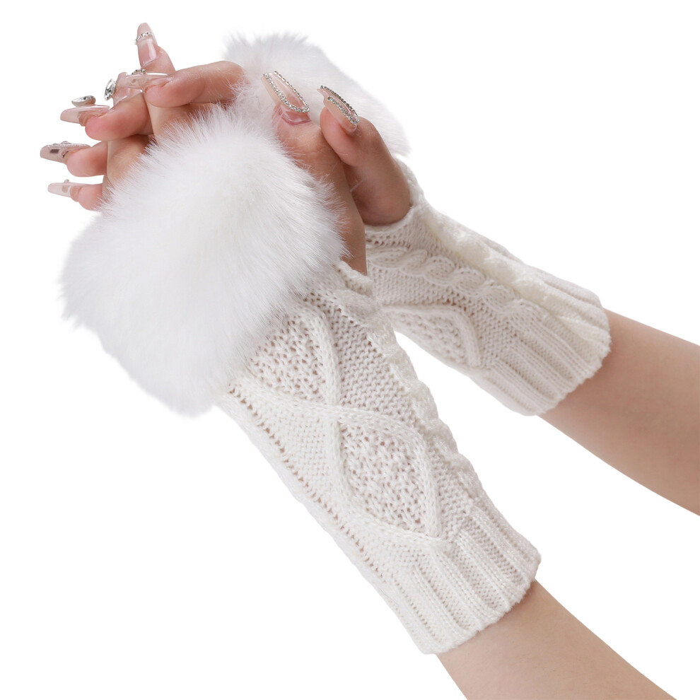 White Elegant Rhombic Knit Fingerless Arm Warmer Furry Plush