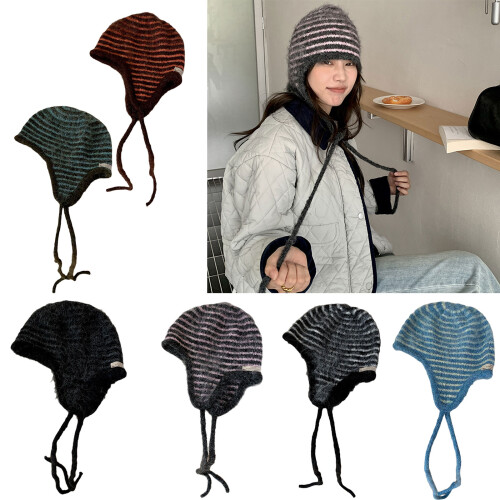 Breathable Warm Knit Stripe Bonnet Cap Feature Ear-pink stripes 2