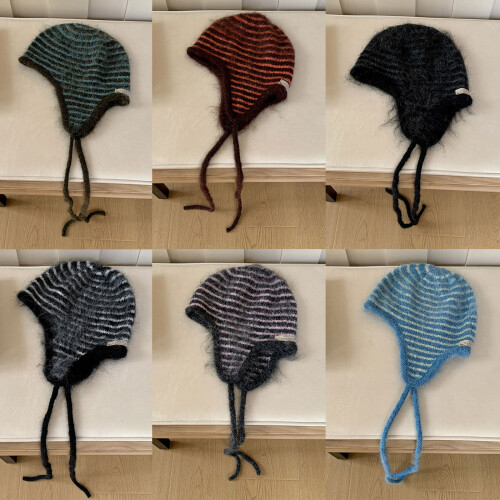 Breathable Warm Knit Stripe Bonnet Cap Feature Ear-blue stripes 2