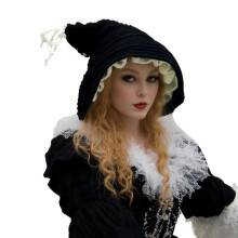 Witch Hat Knitted Hoodie Cap with Long Tail For Halloween-Black