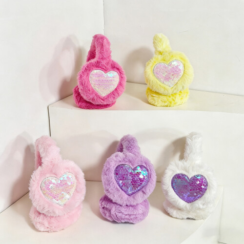 Adjustable Sequins Heart Earmuffs for Children-White Foldable 2