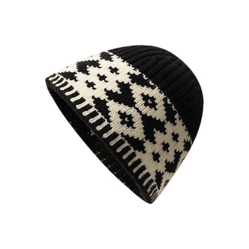 Rhombic Pattern Knit Jacquard Skull Hat Cold Weather-Black