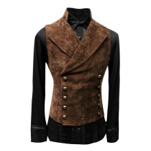 Men's Gothic Steampunk Lapel Vest Vintage StandUp Collar Retro VNeck Brown Size M Slim Fit Sleeveless ButtonDown