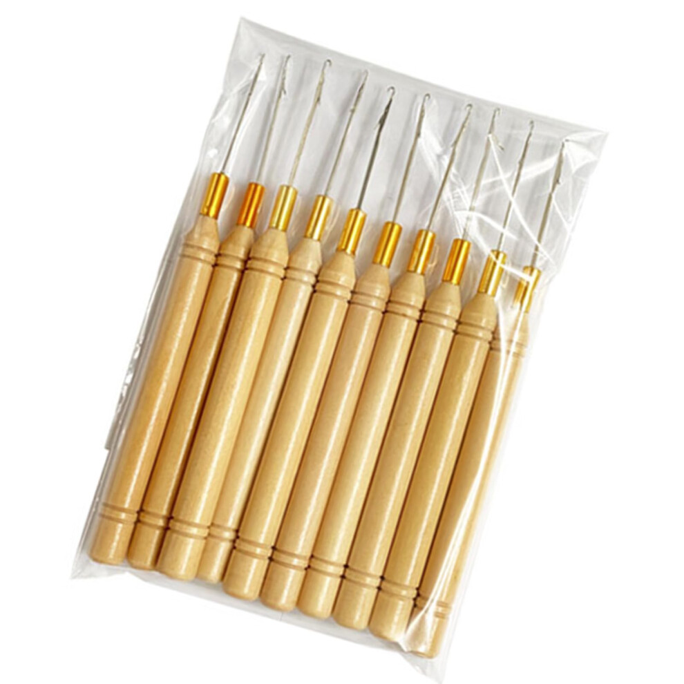 10pcs Hair Extension Tool Crochet Hook Needle Threader Wire Pull Hook Beading Tool for Hair Cylinder With Wooden Handle