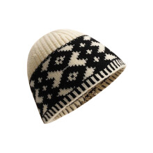 Gestrickte Totenkopfmütze, weiche, dehnbare Mütze für-Beige