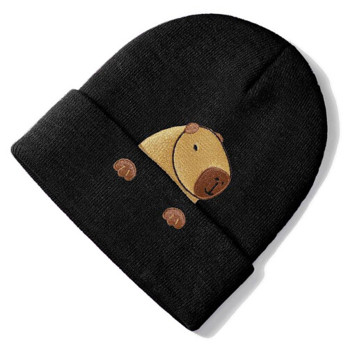 Süße Capybara bestickte Acryl-Mütze, weiche-Capibara Schwarz 2