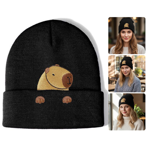 Süße Capybara bestickte Acryl-Mütze, weiche-Capibara Schwarz 2 2