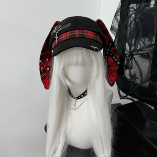 Punk-Baskenmütze mit Metall-Charm,-Schwarz und Weiß 1