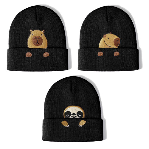 Süße Capybara bestickte Acryl-Mütze, weiche-Capibara Schwarz 2 1