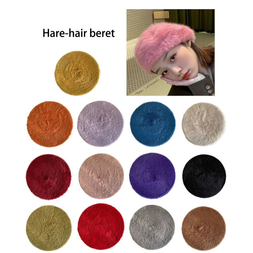 Béret en fourrure de lapin, chapeau doux, chaud et-Jaune 2