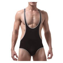 Men's Sexy Wrestling Singlet Ice Silk UltraThin Leotard Bodysuit Black Size M Active Underwear