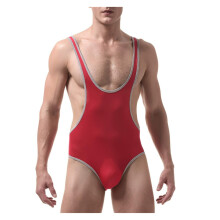 Men's Sexy Wrestling Singlet Ice Silk UltraThin Leotard Bodysuit Red Size XL Active Underwear Lingerie