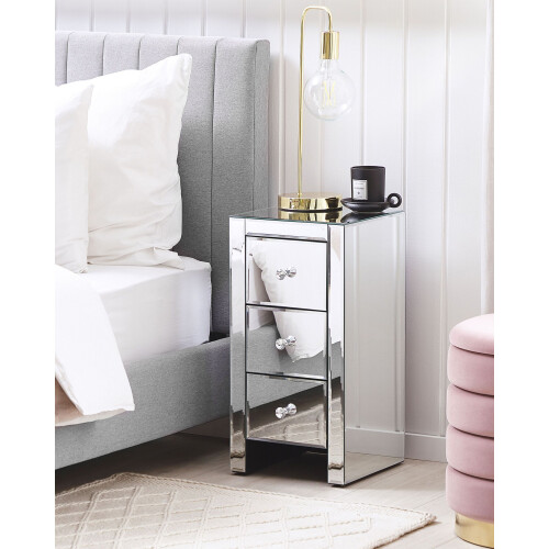 Beliani 3 Drawer Bedside Table LORRIS Glass Mirrored Silver 1