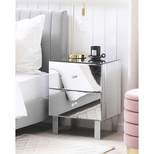 Beliani 2 Drawer Bedside Table NESLE Glass Mirrored Silver 1