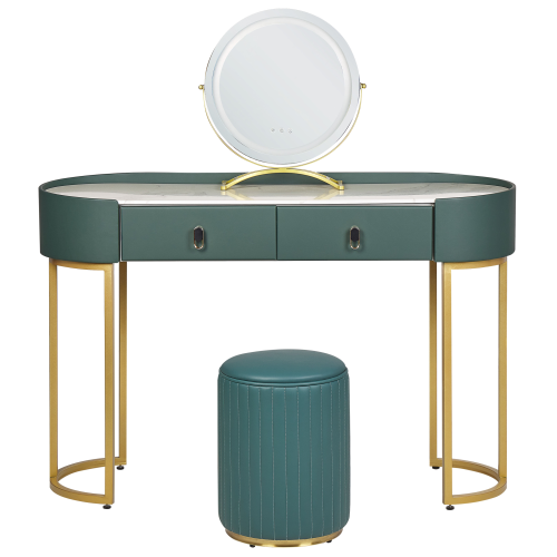 Beliani Dressing Table with Mirror and Stool VINAX LED Dark Green 1