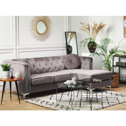Beliani Corner Sofa 3 Seater FLEN Velvet Grey Left Hand 1