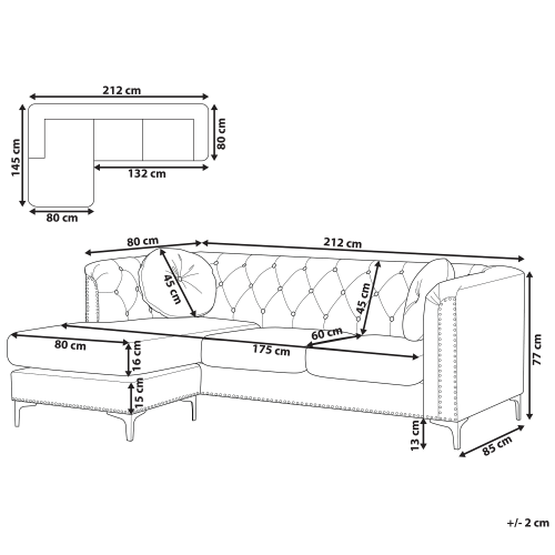 Beliani Corner Sofa 3 Seater FLEN Velvet Grey Right Hand 2