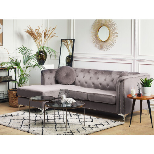 Beliani Corner Sofa 3 Seater FLEN Velvet Grey Right Hand 1