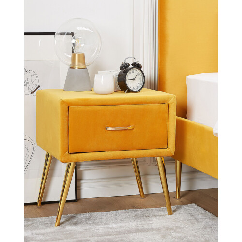 Beliani 1 Drawer Bedside Table FLAYAT Velvet Mustard 1