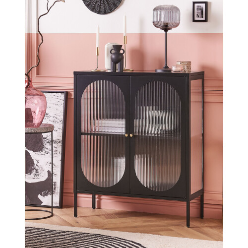 Beliani Glass Display Sideboard SARRE 90 cm Metal Black 1