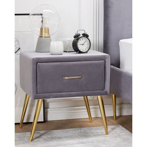 Beliani 1 Drawer Bedside Table FLAYAT Velvet Grey 1