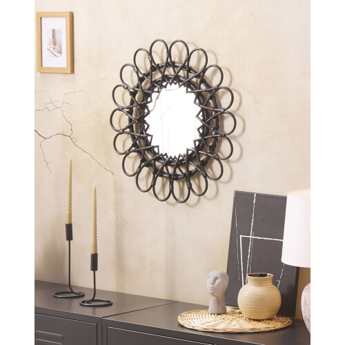 Beliani Wall Mirror BABAI 60 cm 60 cm Rattan Black 1