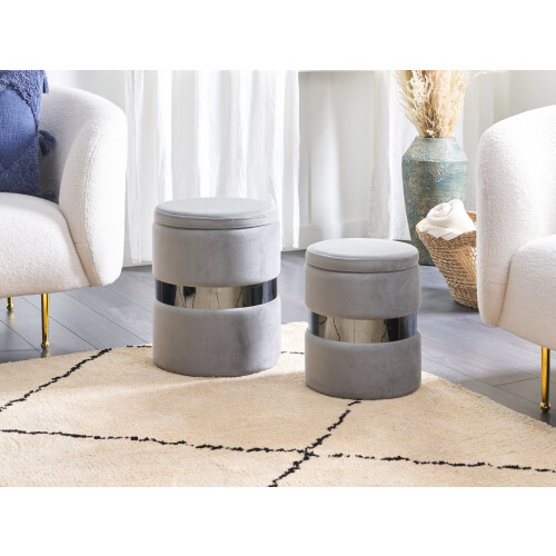 Beliani Set of 2 Storage Pouffes DORIS Velvet Light Grey 1