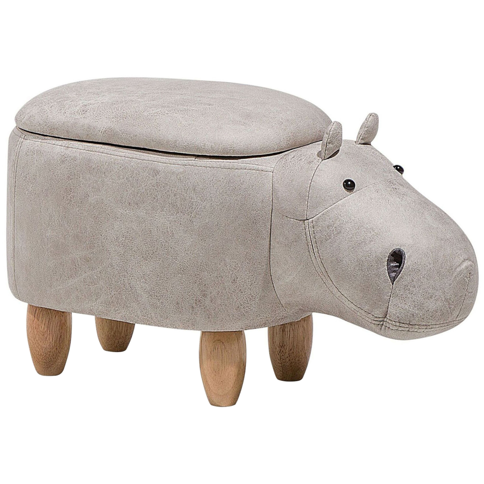 Storage Animal Stool HIPPO Faux Leather Light Grey Hippo