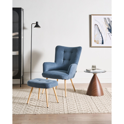 Beliani Wingback Chair VEJLE with Footstool Fabric Dark Blue 2
