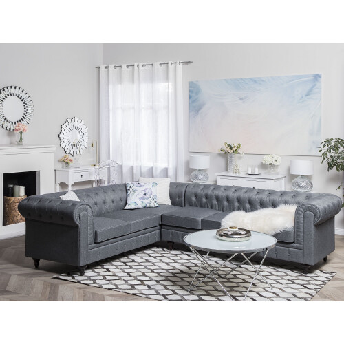 Beliani Corner Sofa 6 Seater CHESTERFIELD Fabric Grey Right Hand 1