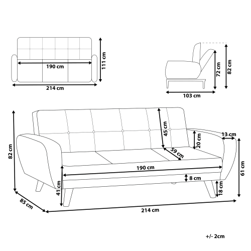 Beliani Sofa Bed 3 Seater FLORLI Fabric Light Grey 2