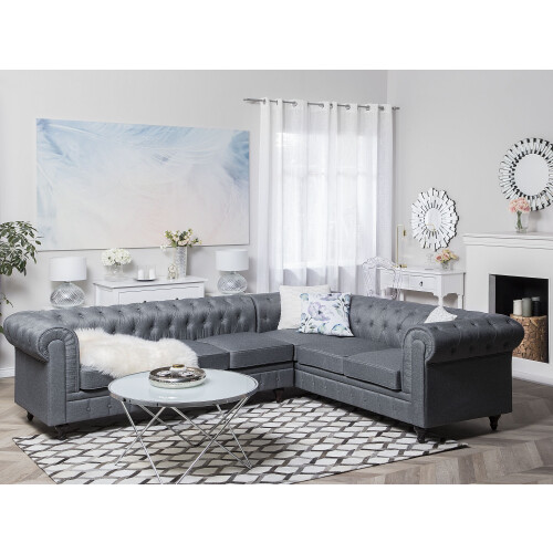 Beliani Corner Sofa 6 Seater CHESTERFIELD Fabric Grey Left Hand 1