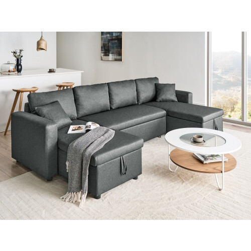 Beliani U-Shape Sofa Bed 5 Seater SOMMEN with Storage Fabric Dark Grey 1
