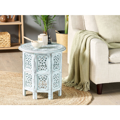 Beliani Side Table BORAI Mango Wood Light Blue 1