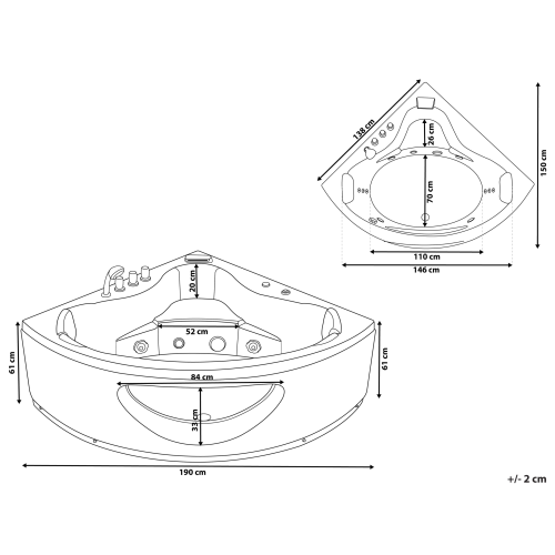 Beliani Corner Hot Tub with LED TOCOA 1900 x 1380 mm White 2