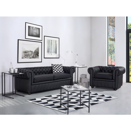 Beliani Sofa 3 Seater CHESTERFIELD Leather Black 2