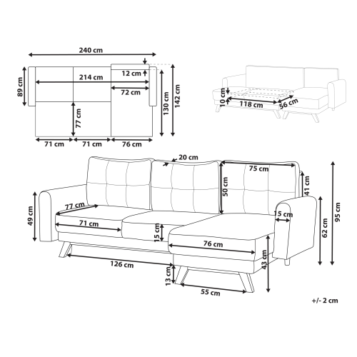 Beliani Sofa Bed 3 Seater SIRO Fabric Light Beige with Storage Left Hand 2