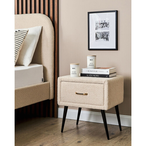 Beliani 1 Drawer Bedside Table FLAYAT Boucle Beige 1