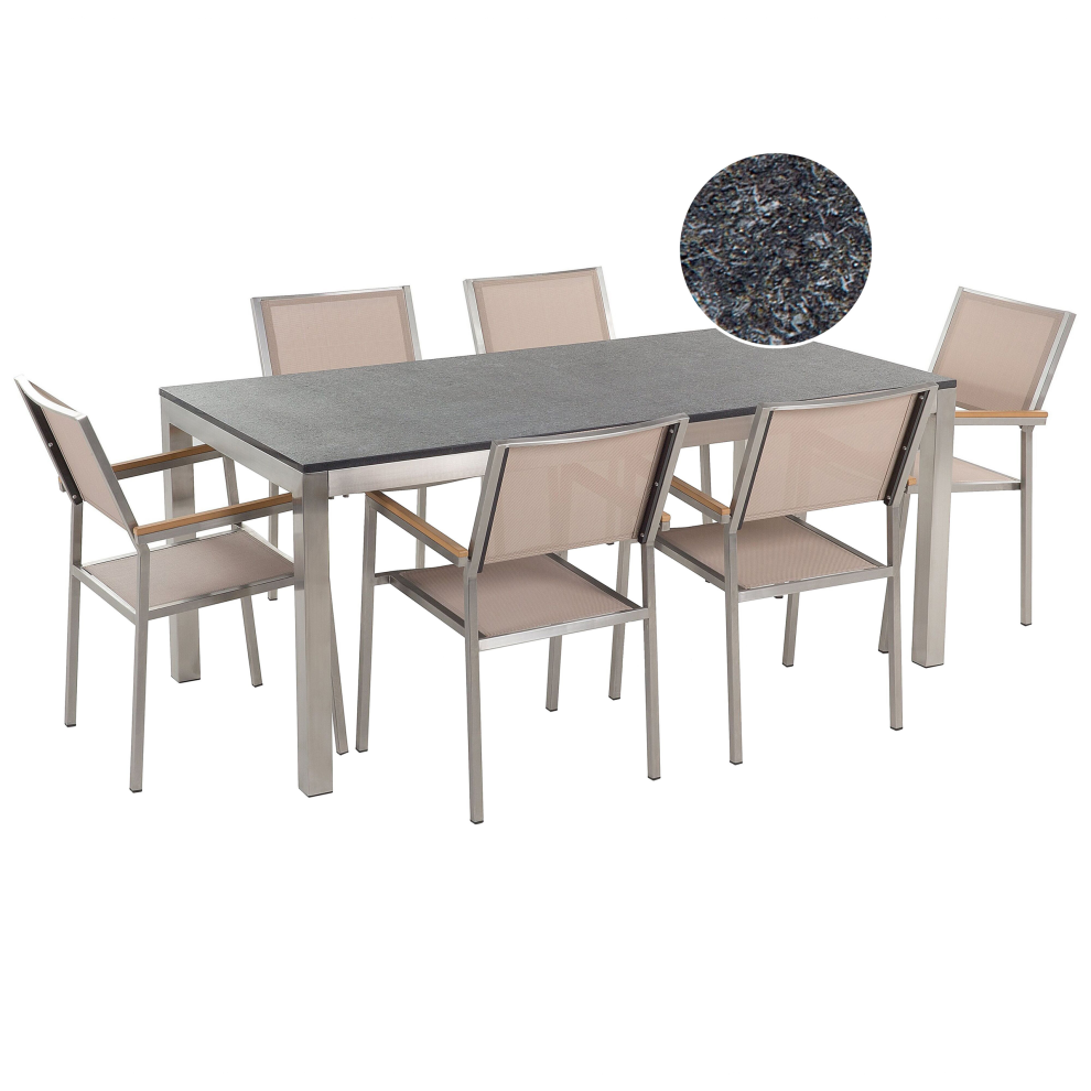 Garden Dining Set 6 Seater GROSSETO Granite Flamed Black/ Beige