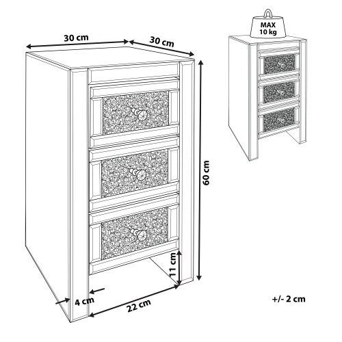 Beliani 3 Drawer Bedside Table LORAY Glass Mirrored Silver 2