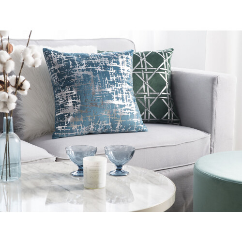 Beliani Set of 2 Decorative Cushions GARDENIA 45 x 45 cm Velvet Blue Abstract Pattern 2