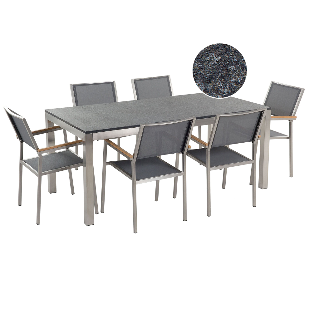 Garden Dining Set 6 Seater GROSSETO Granite Flamed Black/ Grey