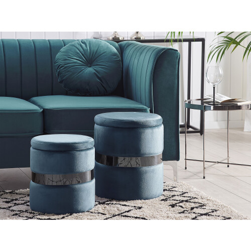 Beliani Set of 2 Storage Pouffes DORIS Velvet Blue 1