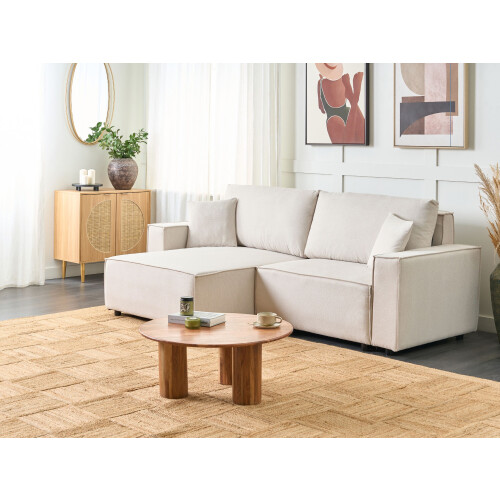 Beliani Sofa Bed 3 Seater KARILA with Storage Fabric Light Beige Right Hand 1