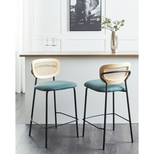 Beliani Set of 2 Bar Chairs MAYETTA Rattan Teal 1