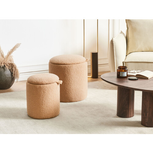 Beliani Set of 2 Storage Pouffes BEREA Boucle Light Brown 1