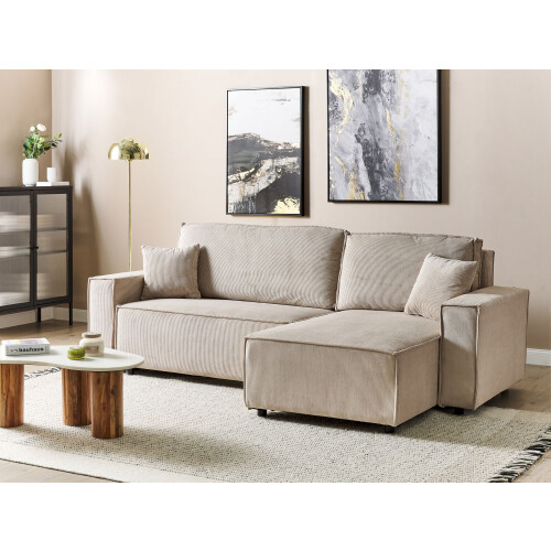 Beliani Corner Sofa Bed 3 Seater ABACKA Corduroy Beige Left Hand 1