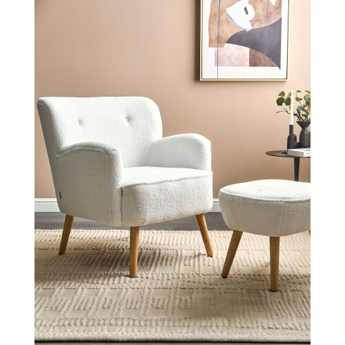 Beliani Armchair TUMBA with Footstool Boucle White 1