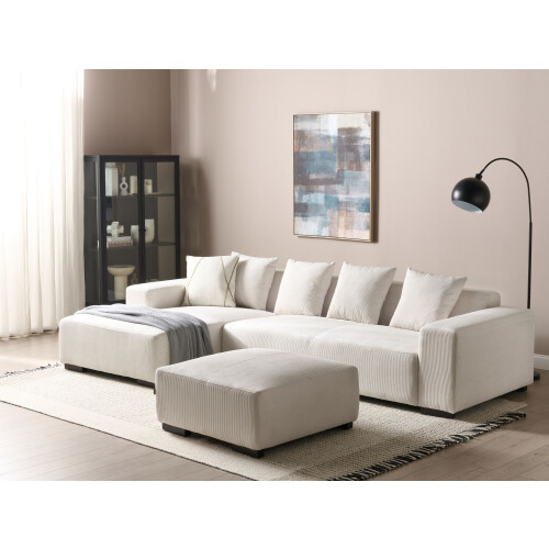Beliani Corner Sofa LUNGO with Ottoman Corduroy Off-White Right Hand 2