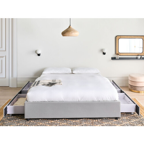 Beliani Bed with Storage Drawers without Headboard PRADES Fabric Light Grey 140 x 200 cm (EU Double) 1